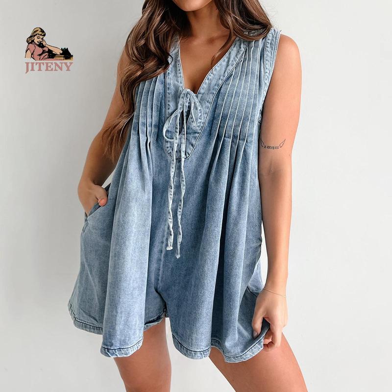 Women's Demin Tank Top Jumpsuit Loose Pleated Tie Front V Neck Sleeveless Shorts Romper with Pockets for Summer Lady Polyester Womenswear Overalls